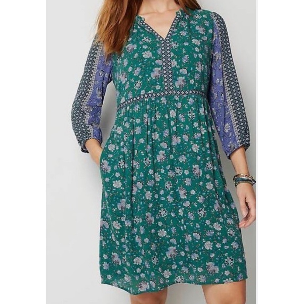 J. Jill Dress Women's Large Peasant Floral Green Blue Folk Boho Cottagecore